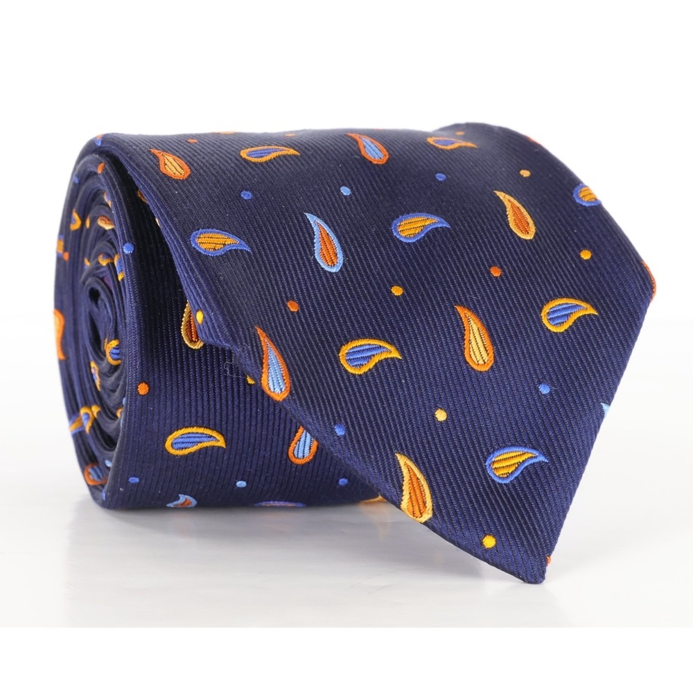 Seaward & Stearn The English Silk Tie 7 Fold Made In England Blue Orange Paisley